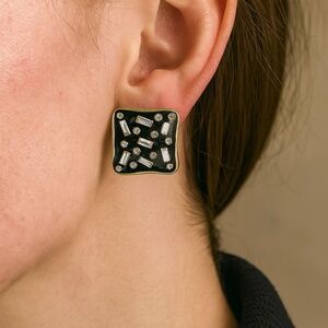 Vintage Clip Earrings Black with crystals goldtone square 1”